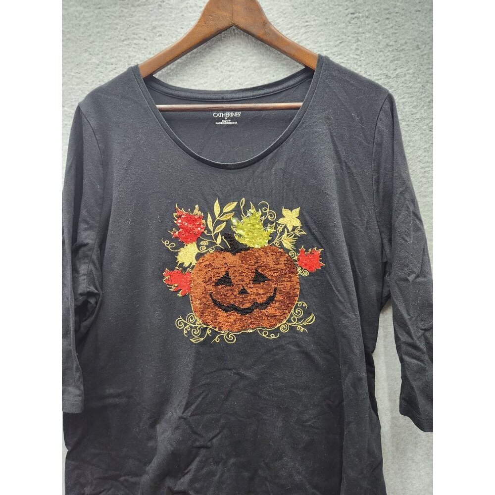 Jack o lantern Black 3/4 Sleeve Womens Top‎ With Sequin Autumn Harvest Design By